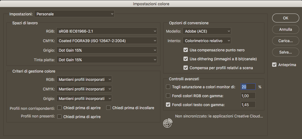 Impostazioni colore Photoshop profili colore